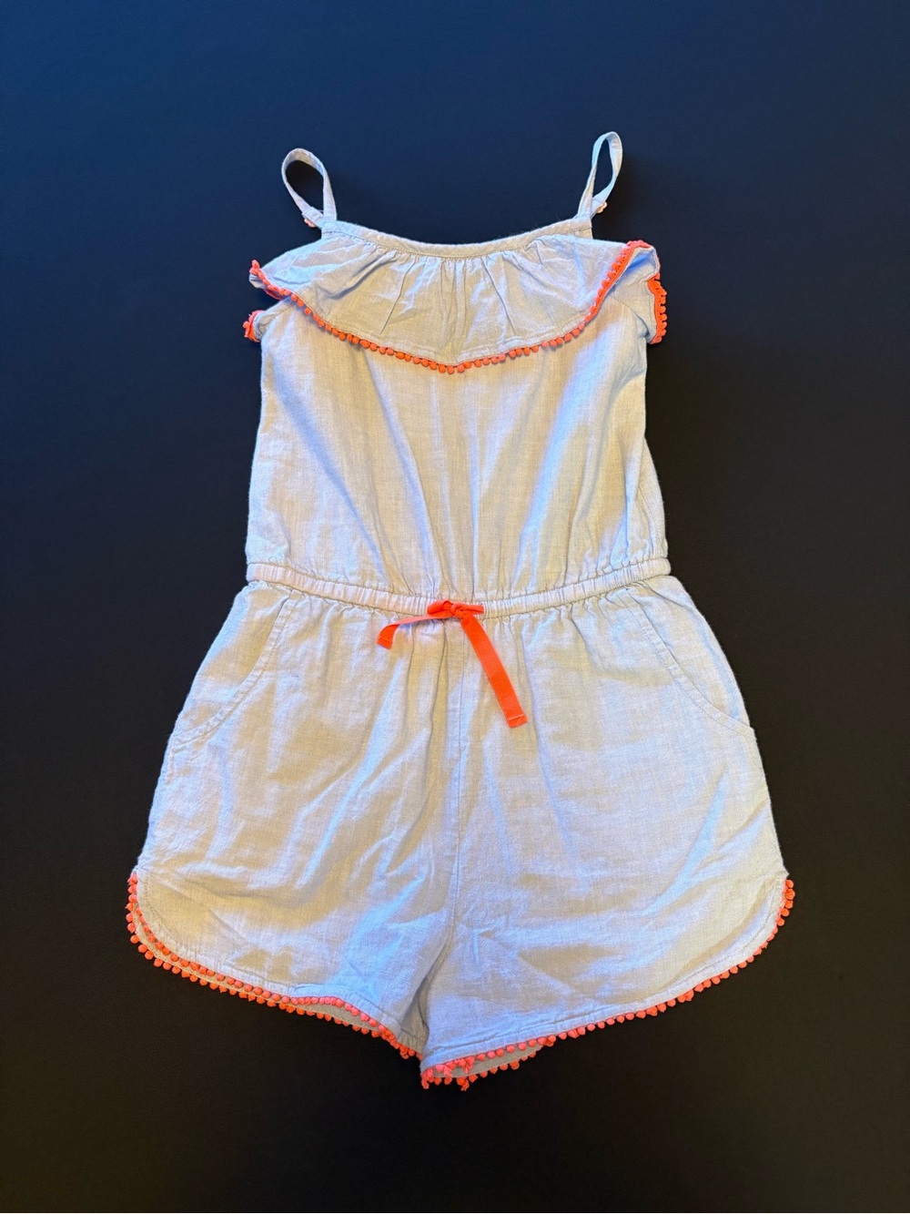 🧡 Boden Girls Blue Romper w/ Neon Pom Pom Trim